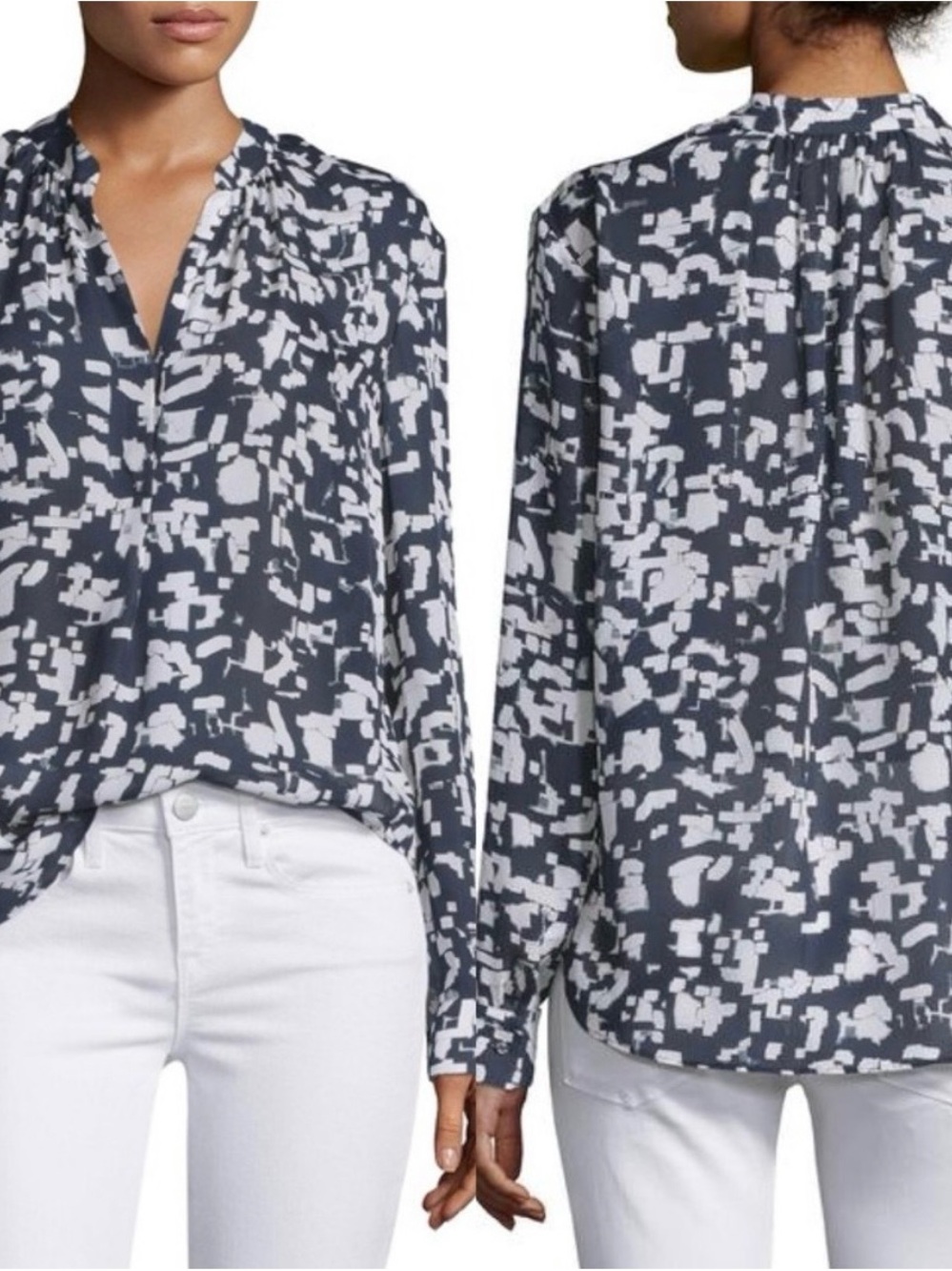 Vince 100% Silk Confetti Print Blouse Navy White Size 8